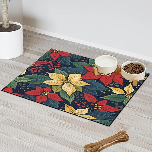 Red Poinsettia Dog Food Mat for Floors Absorbent, Quick Dry Water Dispenser Mat for Food, Water, Pet Supplies 24" x 32", Xmas Florals