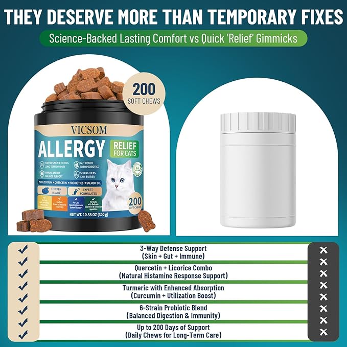 200 Natural Cat Allergy Relief Chews, Cat Itchy Skin Allergy Relief & Immune Support Chews for Seasonal Allergies Cats, Itch Relief for Cats Paws, Eyes, Ears, Stop Licking & Scratching, Chicken Flavor