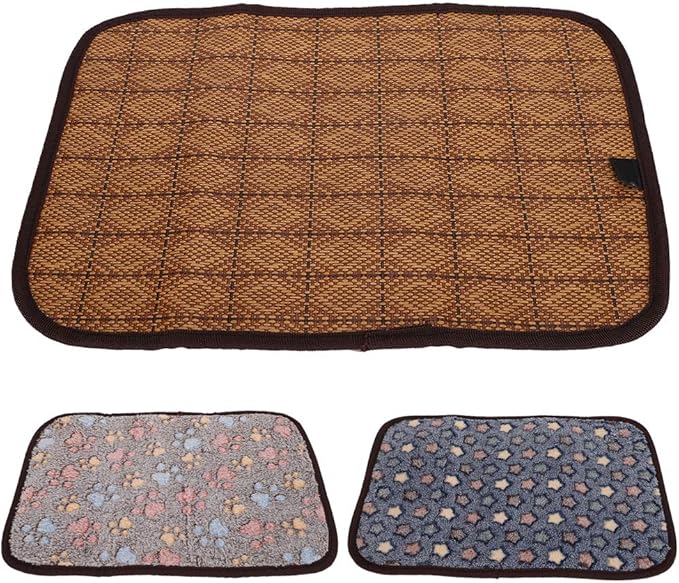 AYNEFY Doublesided Pet Mat Dog Daily Supplies Rattan and Warm Plush Cat Dog Bed for Summer Winter Use with Strong Edging for Cages Or Floor Doublesided Pet Mat Soft Breathable Cooling (L)