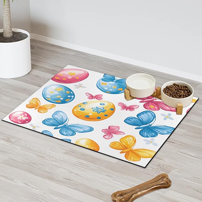 Spring Easter Dog Food Mat for Floors Absorbent Dog Bowl Mat for Food and Water Dispenser Quick Dry Cat Food Placemat Pet Supplies 24" x 32", Watercolor Butterfly