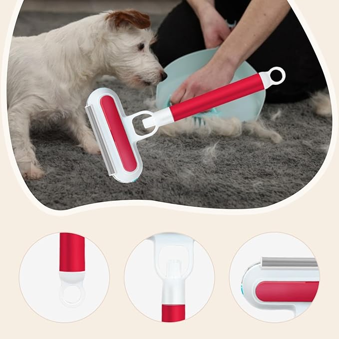 Pet Hair Removal Brush Glass Washable 3 in 1 Lightweight Cat Hair Remover Grooming Brush for Indoor Bedding Doors, Red