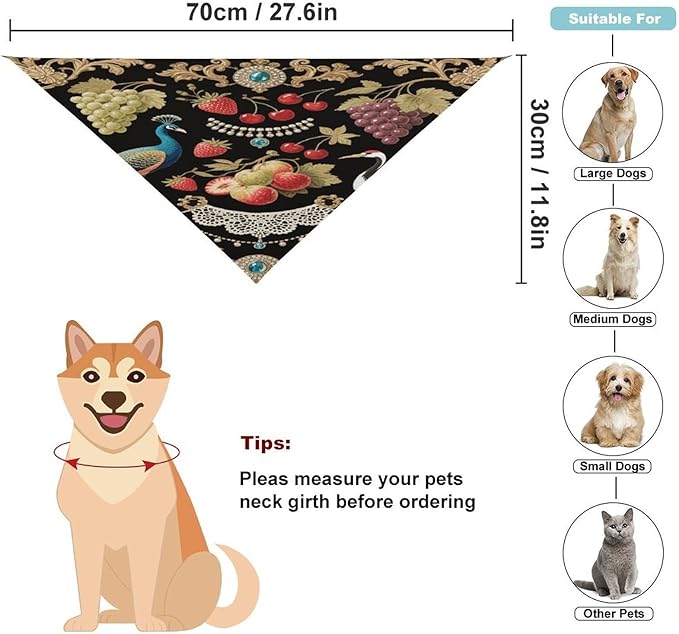 Dog Bandana Spring Pet Scarf Adjustable Triangle Vintage Fruit & Bird Print Printing Dog Bib Washable Polyester Puppy Bandana for Small Medium Large Dogs Cat Birthday Party Supplies