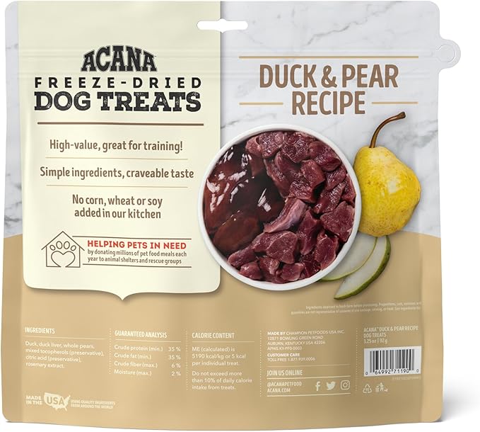ACANA Singles Grain Free Dog Treats Limited Ingredients & Freeze-Dried Duck & Pear 3.25oz Bag