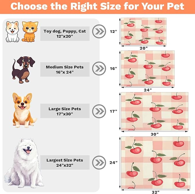 Cherry Fruit Dog Food Mat for Floors Absorbent Dog Bowl Mat for Food and Water Dispenser Quick Dry Cat Food Placemat Pet Supplies 12" x 20", Buffalo Check