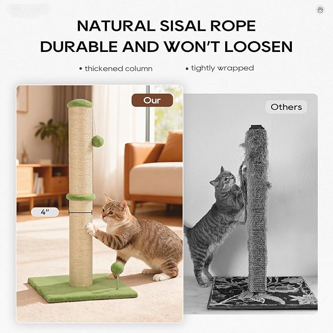 Dkelincs 33" Tall Cat Scratching Post Premium Sisal Kitten Scratcher with Hanging Ball for Indoor Cats, Cat Scratch Post for Living Room & Bedroom, Ideal for Cats at All Ages (Green, 33 Inch)