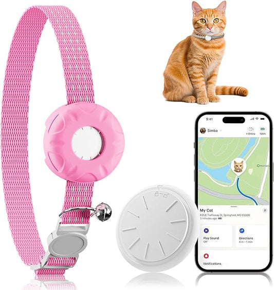 Cat Tracker, MINI Pet Tracker for Cats, No Monthly Fee GPS Tracker for Cat Compatible with Apple Find My App(Only iOS), Real-Time Tracking, Waterproof Cat GPS Tracker, Pink
