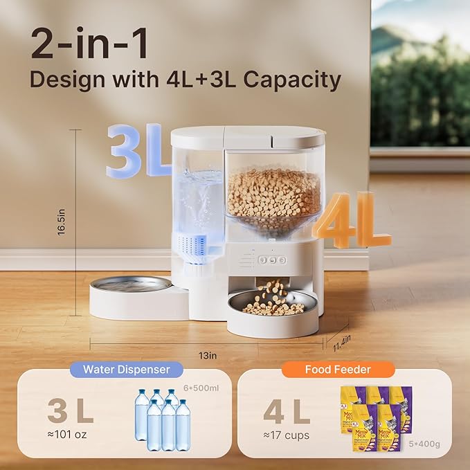 Automatic Cat Feeder and Water, 5G WiFi App Control Cat Food Dispenser, 4L Timed Pet Feeder and 3L Gravity Waterer, Voice Recording, Up to 10 Meal Daily with Dual Stainless Steel Bowl for Kitten,Puppy