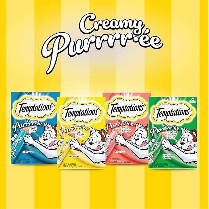 Temptations Creamy Puree Squeezable Lickable Cat Treats, Wet Cat Treats with Tuna, Salmon, and Seafood Medley Variety Pack, 0.42 oz. Tubes, 24 Count