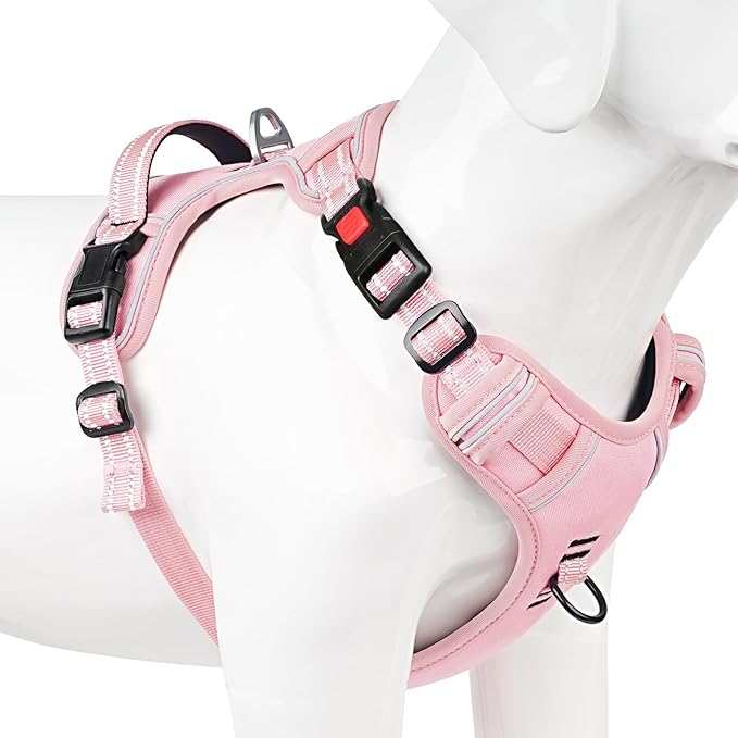 Timos Dog Harness Large Sized, No Pull Pet Harness with Neck Lockable Snap,No Choke Front Clip Dog Reflective Vest,Adjustable Metal Rings 3 Buckles,Easy Control Handle for Large Dogs Pink XL