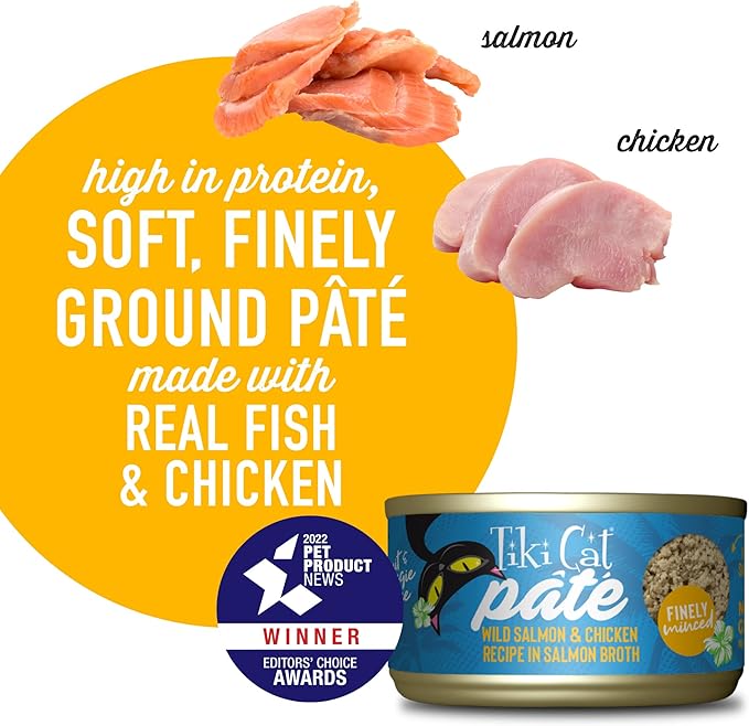 Tiki Cat Luau Pâté, Wild Salmon & Chicken Recipe in Salmon Broth, Grain-Free Balanced Nutrition Wet Canned Cat Food, for All Life Stages, 2.8 oz. Cans (Pack of 12)