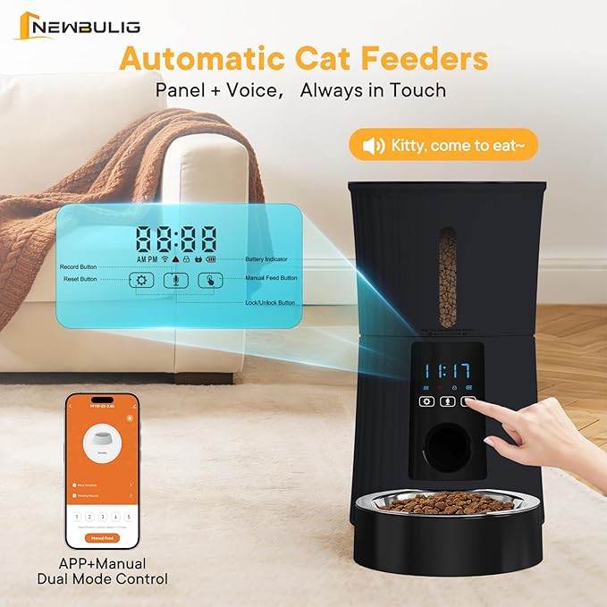 NEWBULIG Automatic Cat Feeder, 4L Timed Pet Feeders with 10s Voice Recorder, Dog Food Dispenser with APP Control, Dry Food, 10 Meals, Programmable 50 Portions, Dual Power Supply, Desiccant Bag