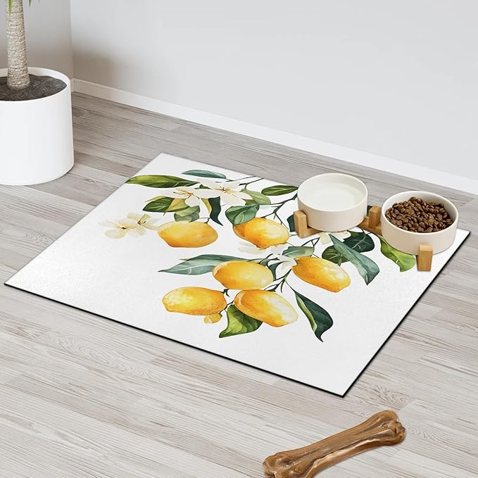 Lemon Dog Food Mat for Floors Absorbent Dog Bowl Mat for Food and Water Dispenser Quick Dry Cat Food Placemat Pet Supplies 17" x 30", Floral Plant