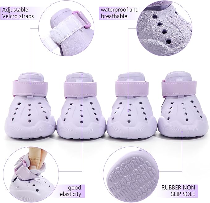 Dog Shoes, Dog Sandals for Hot Pavement, Non-Slip Waterproof Dog Booties for Winter Snowy Day and Summer, Adjustable Straps Easy-Clean Beach Outdoor Pet Boots Rugged Sole-4Pcs Purple