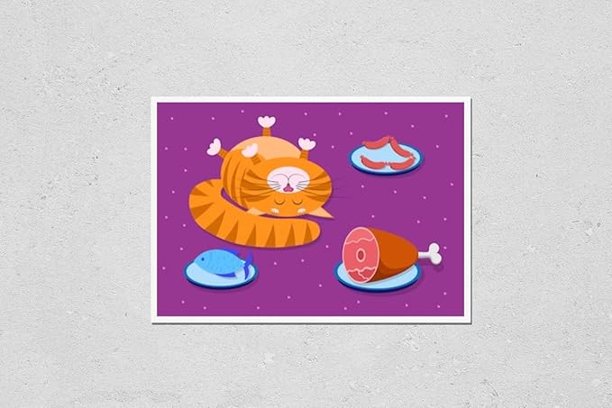 Wall Art Poster Print of Food for Cats, Pets. a Cute Red Cartoon Cat with a Funny Muzzle, Face Lies on Its Back with Its Eyes Closed, Next to Different Foods. Dishes with Ham, Sausages and Fish. for