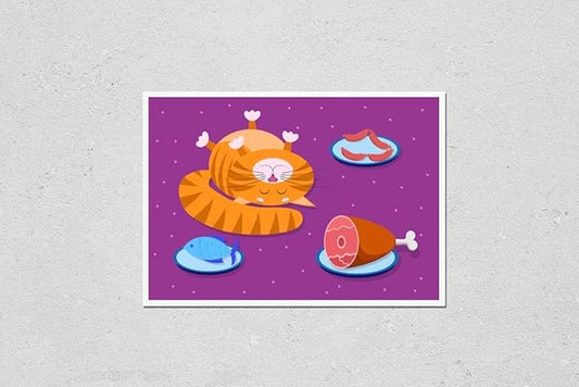 Wall Art Poster Print of Food for Cats, Pets. a Cute Red Cartoon Cat with a Funny Muzzle, Face Lies on Its Back with Its Eyes Closed, Next to Different Foods. Dishes with Ham, Sausages and Fish. for