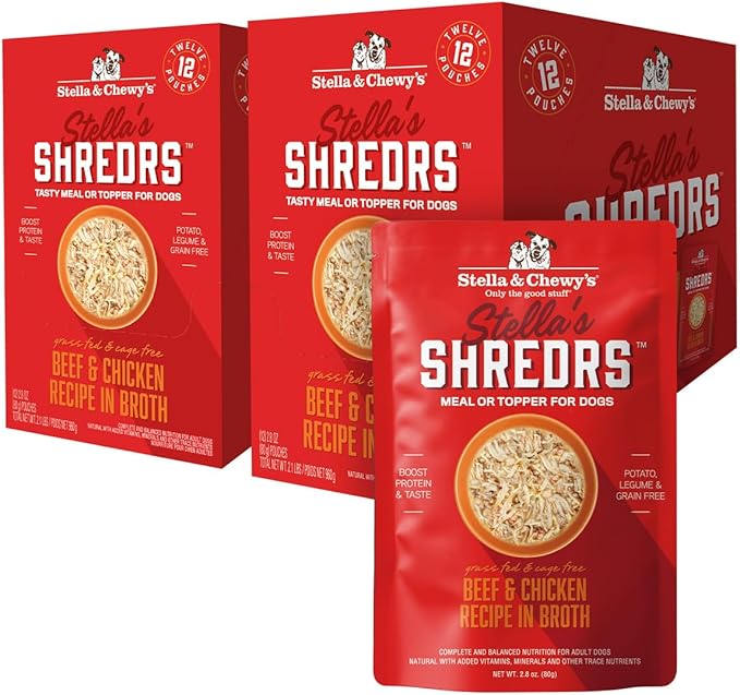Stella & Chewy's Grass Fed Beef & Chicken Shredrs - Premium Dog Food Pouches - Perfect For Picky Eaters- 24 Pack, 2.8oz Each