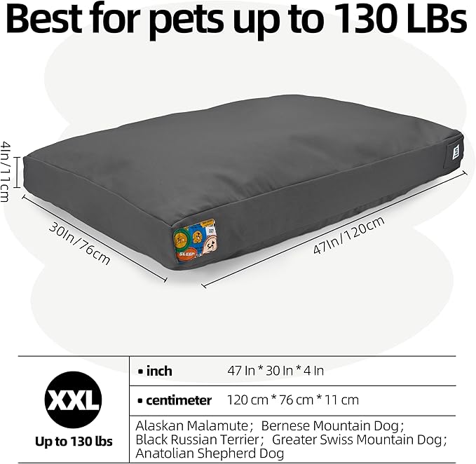 Sytopia 47 Inch Canvas Chew-Proof Outdoor Dog Bed for Extra Large Dogs, Waterproof Washable Removable Cover, Indoor Patio Pet Pad, Dark Grey