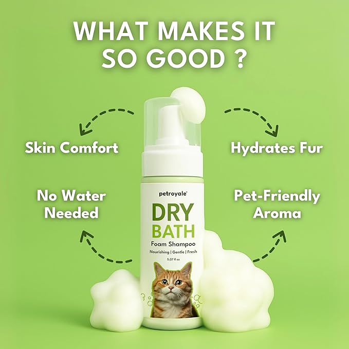 Waterless Cat Shampoo - Dry Shampoo for Cats - No Rinse Cat Shampoo - Tick, Flea & Itch Relief - Detangling Foam - Coconut & Aloe - Cat Waterless Bath 5.07 floz