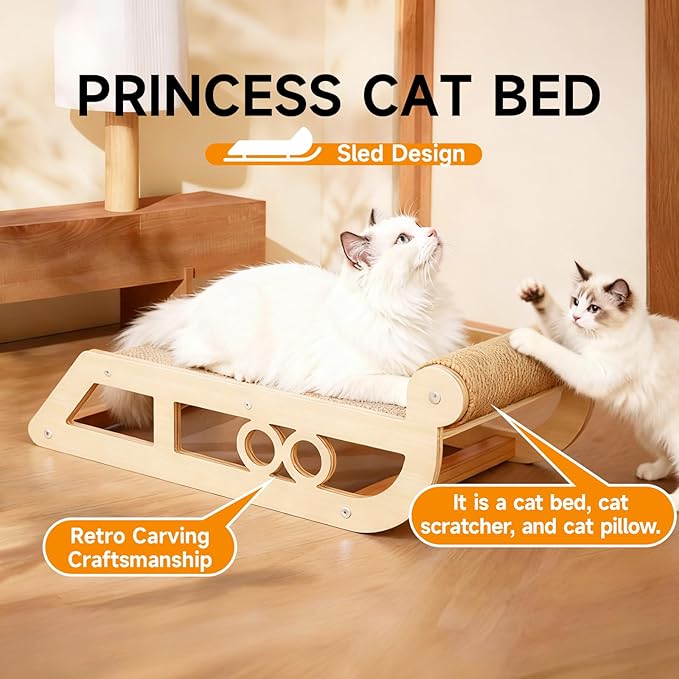 Cat Scratching Post with Cozy Bed, Sled Shaped Wooden Cat Bed for Indoor Cats,Small Dogs and Rabbits, Side Cat Scratching Post with Perch, Durable Cat Activity Furniture for Kittens & Large Cats