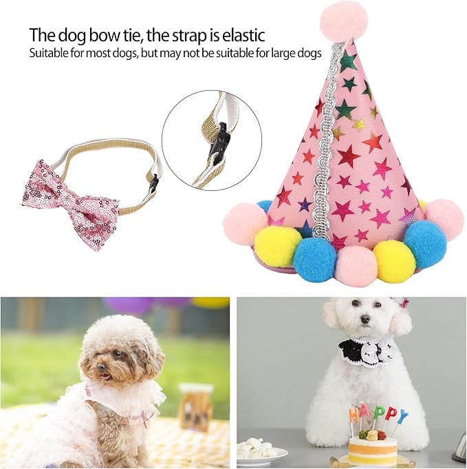 Dog Birthday Hat and Bow Tie Set, Adjustable Soft Pet Party Supplies, Cute Birthday Decorations with Banner for Small Medium Dogs, Washable Polyester Cotton Fabric (Pink)