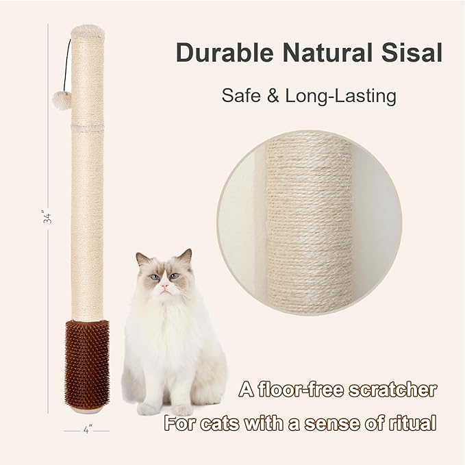 Wall Mounted Cat Scratcher, 34” Extra-Tall Vertical Sisal Scratching Post for Large Cats, Space-Saving Wall Cat Scratcher with Self Grooming Brush & Hanging Ball, Beige