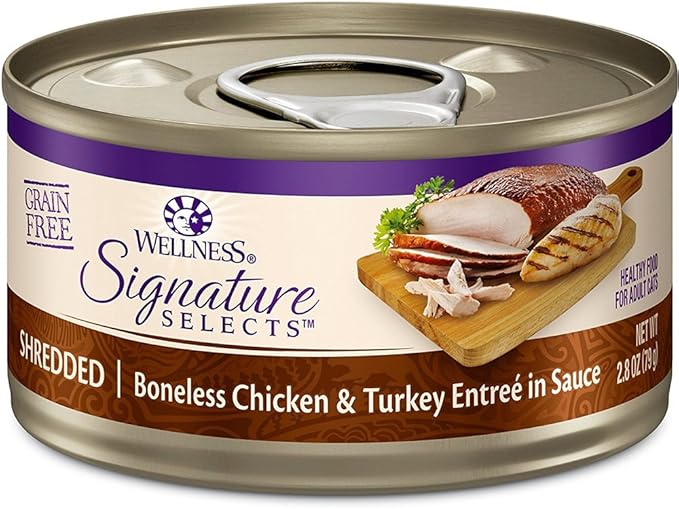 Wellness Signature Grain Free Wet Cat Food Variety - 4 Flavors Pack (12 Cans) with Lid: Chicken, Liver, Salmon & Turkey (2.82oz)
