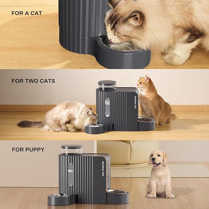 Gardner Pet Automatic Gravity Cat Food Feeder and Water Dispenser Stainless Steel Two-in-One Set Large Capacity Dispenser for Pets Dogs, Puppies, Kittens-(0.8 Gallons x 2)