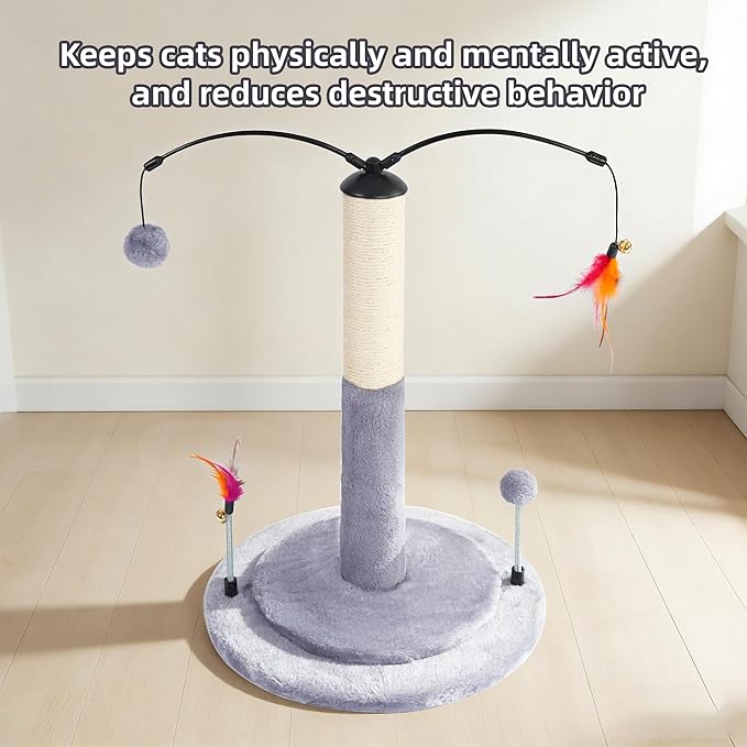 YUNIQUE Cat Scratching Post with Sisal Rope, Small Cat Tree with Dangling Balls & Feather for Kittens (Grey, 20.9‘’)