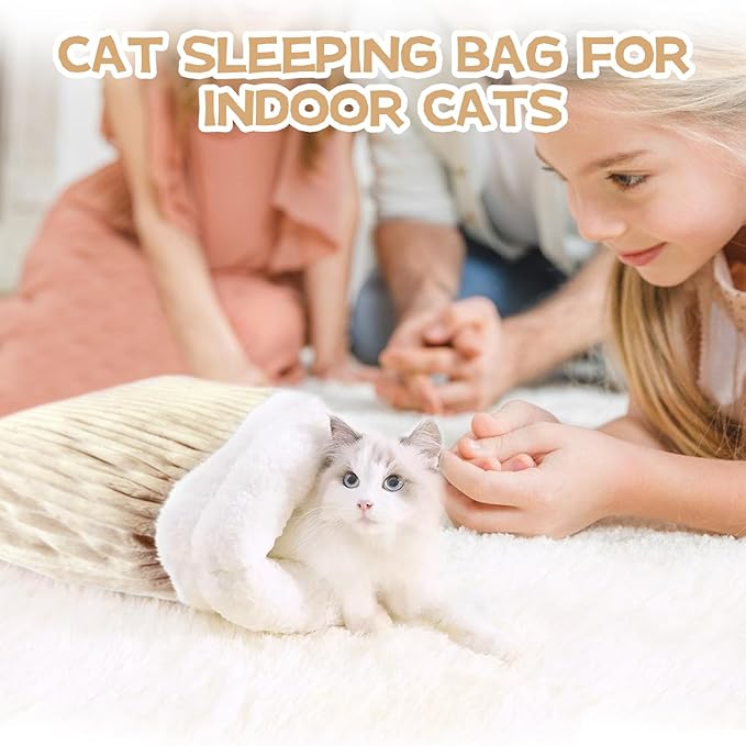 Cat Sleeping Bag Bed, Winter Soft Plush Sack Self Warming Cave Bed for Indoor Cats, 360°Wrap Comfortable Pet Snuggle Sack, Soft Plush Large - Size L (Brown)