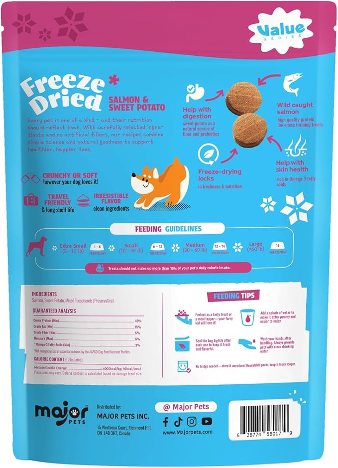 MAJOR PETS Freeze Dried Dog Treats, Wild-Caught Salmon & Sweet Potato, Omega 3 for Skin & Coat Support, Limited Ingredient High Protein Grain Free Training Reward & Meal Topper, Made in The USA, 10oz