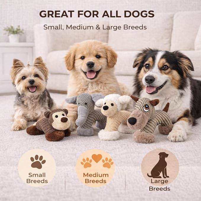 Pet Lori Linen Safari Companions with Squeaker & Crinkle - Durable Chew-Resistant Plush Toy for Small & Medium Dogs, Anxiety Relief & Teeth Cleaning, Fun Elephant & Lion Animal Shapes (Monkey)