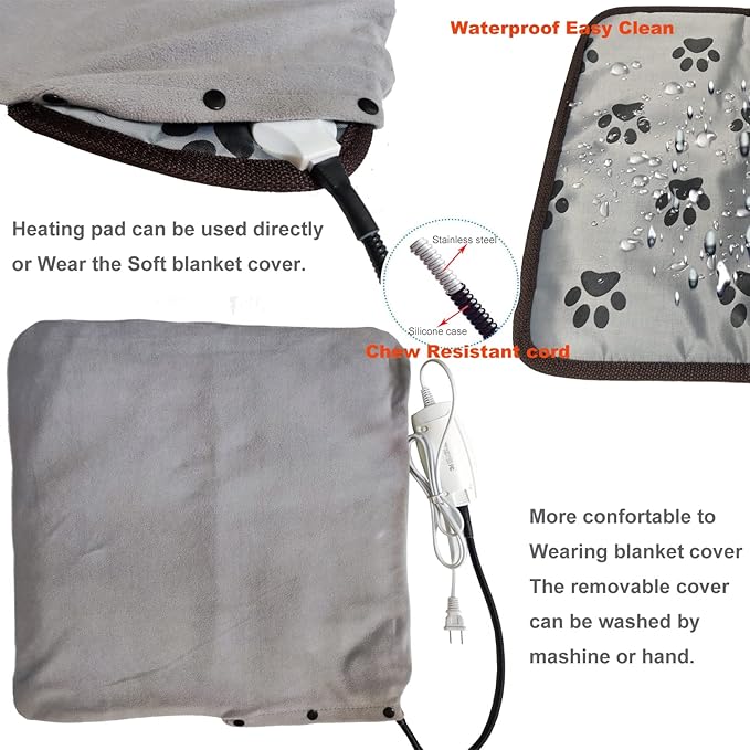 Pet Heating Pad for Small Dog & Cat - Soft Washable Cover, Electric, Water & Chew Resistant Cord