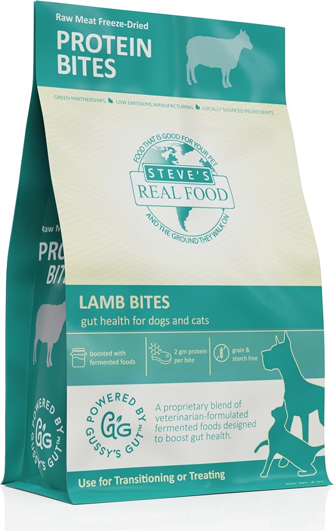 Steve's Real Food Protein Bites Gut Health Treats - Freeze-Dried Pet Treats for Cats and Dogs - Lamb Recipe - 4 oz