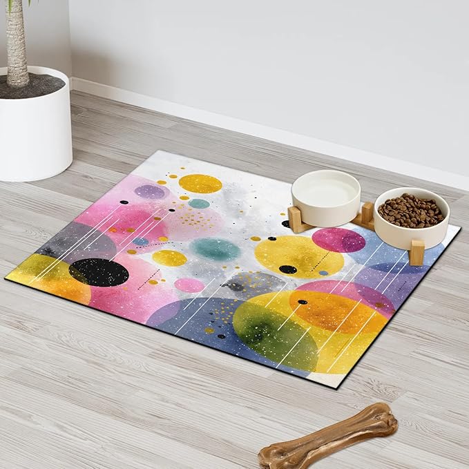 Polka Dot Dog Food Mat for Floors Absorbent Dog Bowl Mat for Food and Water Dispenser Quick Dry Cat Food Placemat Pet Supplies 24" x 32", Boho Geometric