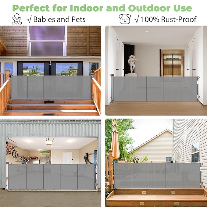 Reinforced 37" Tall x 155" Extra Wide Retractable Baby Gates with Reinforced Rods, 13ft Extra Wide Dog Gate – Prevents Crawling Under, Retractable Pet Gate Retractable Fence Garage Gates for Dogs/Gray
