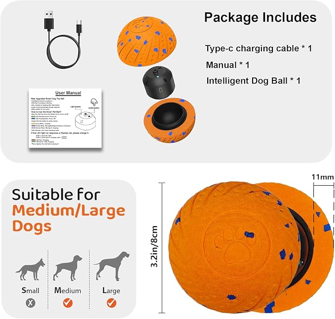 Smart Dog Ball: Automatic Bouncing, Vibration and Jumping Action Interactive Toy, Durable Duraspin for Aggressive Chewers, Rechargeable, for Indoor & Outdoor Use Orange.