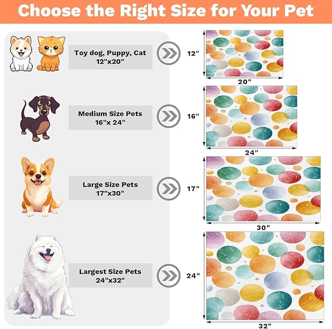 Polka Dot Dog Food Mat for Floors Absorbent Dog Bowl Mat for Food and Water Dispenser Quick Dry Cat Food Placemat Pet Supplies 16" x 24", Rainbow