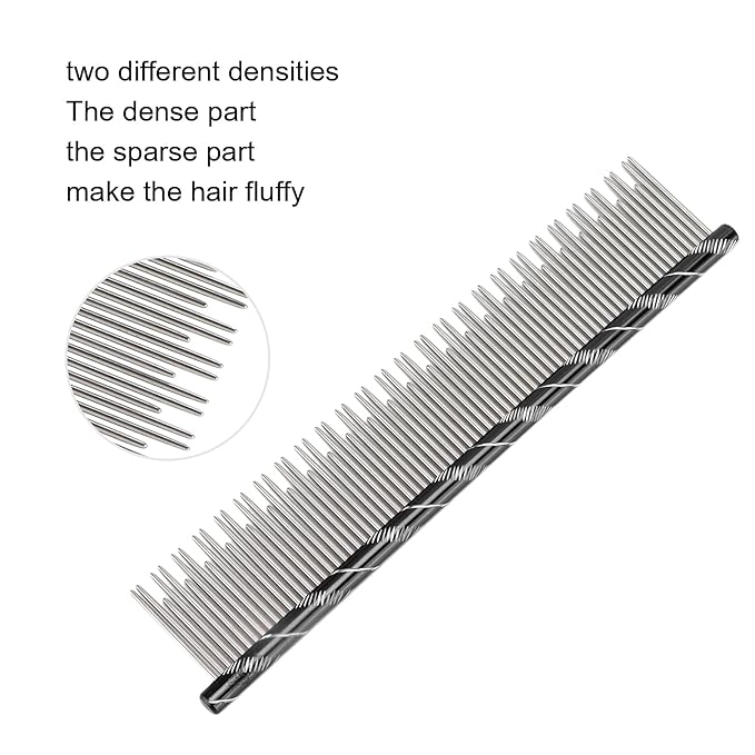 Pet Hair Removal Comb, Stainless Steel Cat Grooming Tool with Dual - Density Teeth, Open Knot Comb for Long and Short Haired Cats, Ergonomic Non - Slip Handle (Black)