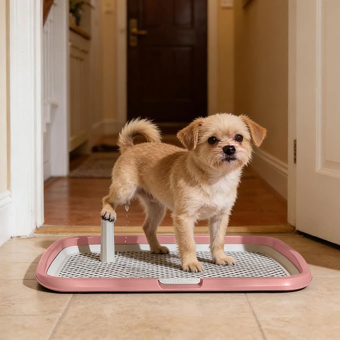 Dog Potty Tray with Guide Pillar, Indoor Pet Pee Pad Holder Duty, Removable Washable Puppy Training Toilet for Housebreaking Supplies Small Medium Dogs (Pink-L)