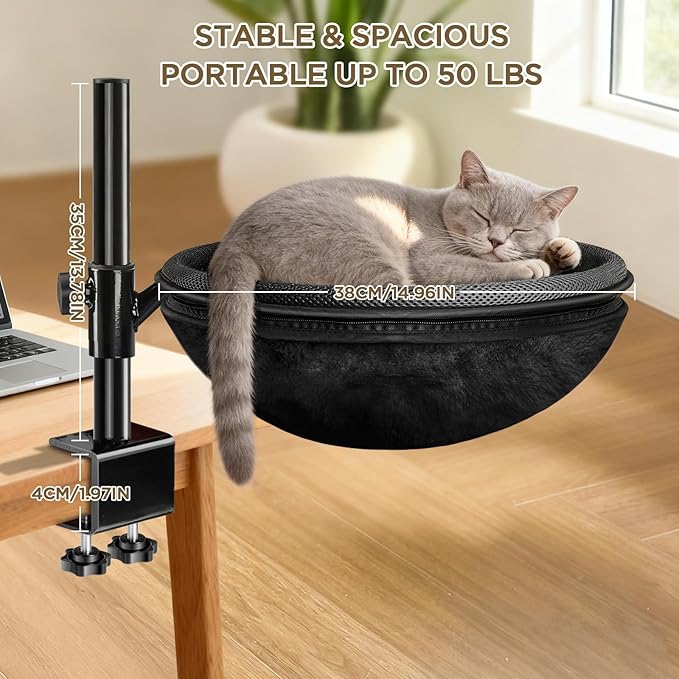 Cat Desk Bed, Cat Hammock with 360° Rotating & Height Adjustable, Removable Dual-Sided Breathable & Comfortable Kitten Bed, Cats Furniture Attachment for Indoor Office Desk (Black)