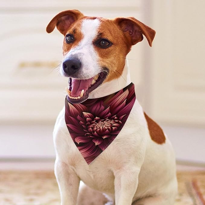 Dog Bandana Spring Pet Scarf Adjustable Triangle Wine Red Artistic Flower Printing Dog Bib Washable Polyester Puppy Bandana for Small Medium Large Dogs Cat Birthday Party Supplies