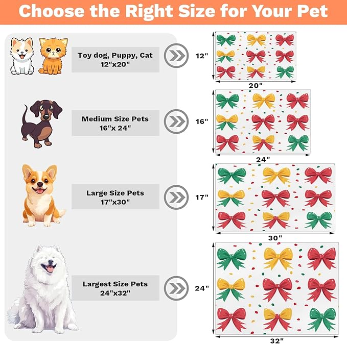 Christmas Bow Dog Food Mat for Floors Absorbent, Quick Dry Water Dispenser Mat for Food, Water, Pet Supplies 17" x 30", Colorful Cute Bow