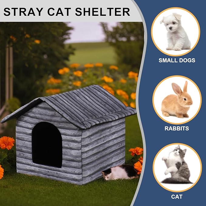 Outdoor Cat House Cat House for Outdoor and Indoor Use - Waterproof Shelter for Cats, Dogs, and Feral Animals (Grey Wood Color, Medium)