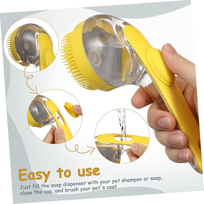 POPETPOP Pet Bath Brush for Cats and Dogs Ergonomic Handle Grooming Tool with Soap Dispenser Soft Head for Gentle Cleaning of Animals Indoor Use Easy to