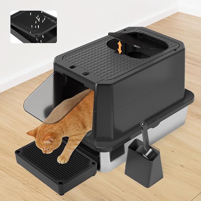 RIZZARI Enclosed Cat Litter Box: All Black Stainless Steel - Odor-Resistant & Easy Wipe Clean - Teflon Non-Stick Coating for Quick Cleaning - Large Top-Exit Pan for Modern Homes Garage