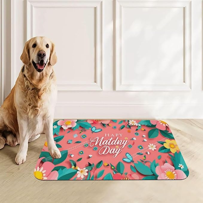 Pet Feeding Mats with Residue Collection Happy Mother's Day Floral Gift for Mom En Waterproof Dog Cat Bowl Mat 24x16In with Prevent Water Food Spills