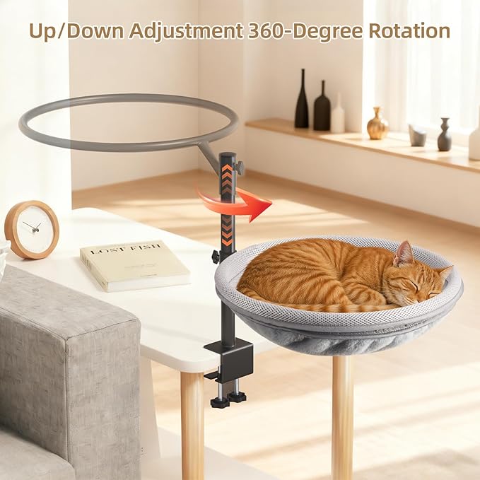 Cat Desk Bed, 360° Rotating Height-Adjustable Cat Hammock Desk, Home Office Pet Bed with Removable Washable Double-Sided Faux Rabbit Fur Mesh Pet Nest Bed