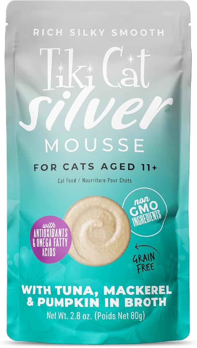 Tiki Cat Silver Mousse Wet Cat Food, Tuna, Mackerel & Pumpkin in Broth, 2.8 oz. Pouch (12 Count)