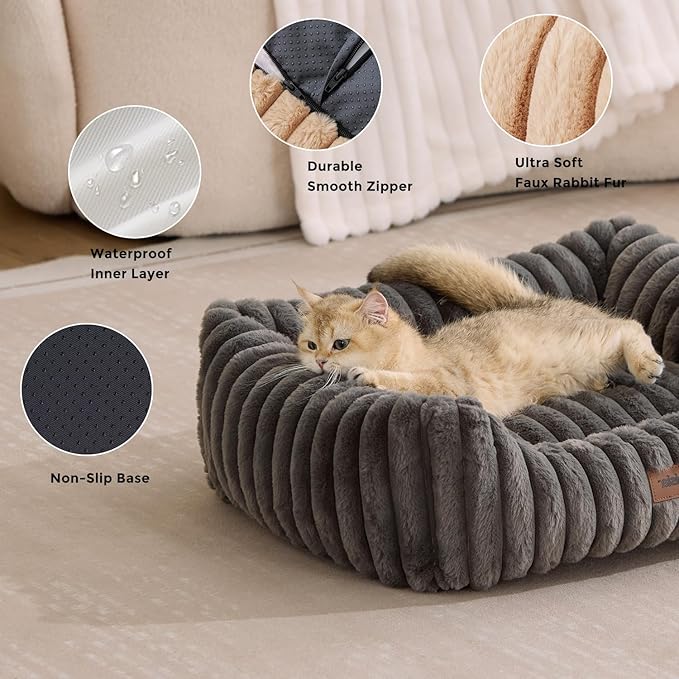 Large Cat Beds - Orthopedic Dog Bed for Medium Dogs, Rectangle Pet Bed with Fluffy Removable Washable Cover, 25x21x9inches, Grey