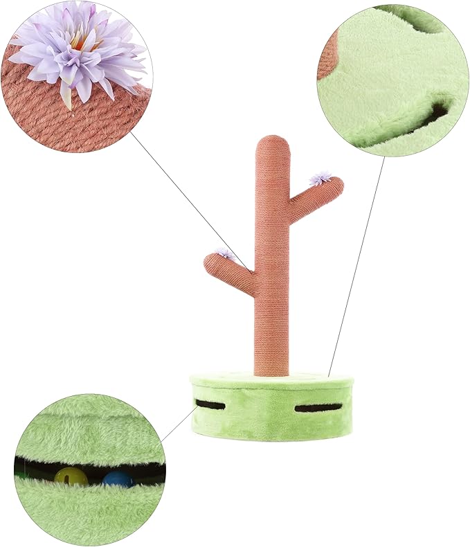 CTR1004A Rosa 36" Modern Jute Cactus Cat Scratching Post with Flower Toys and Built-in Bell Toys, Pink/Green